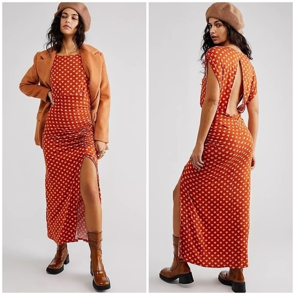 Free People Lakeside Heart Printed Midi Dress Orange Ginger Combo Sz XS NWT - Picture 1 of 9